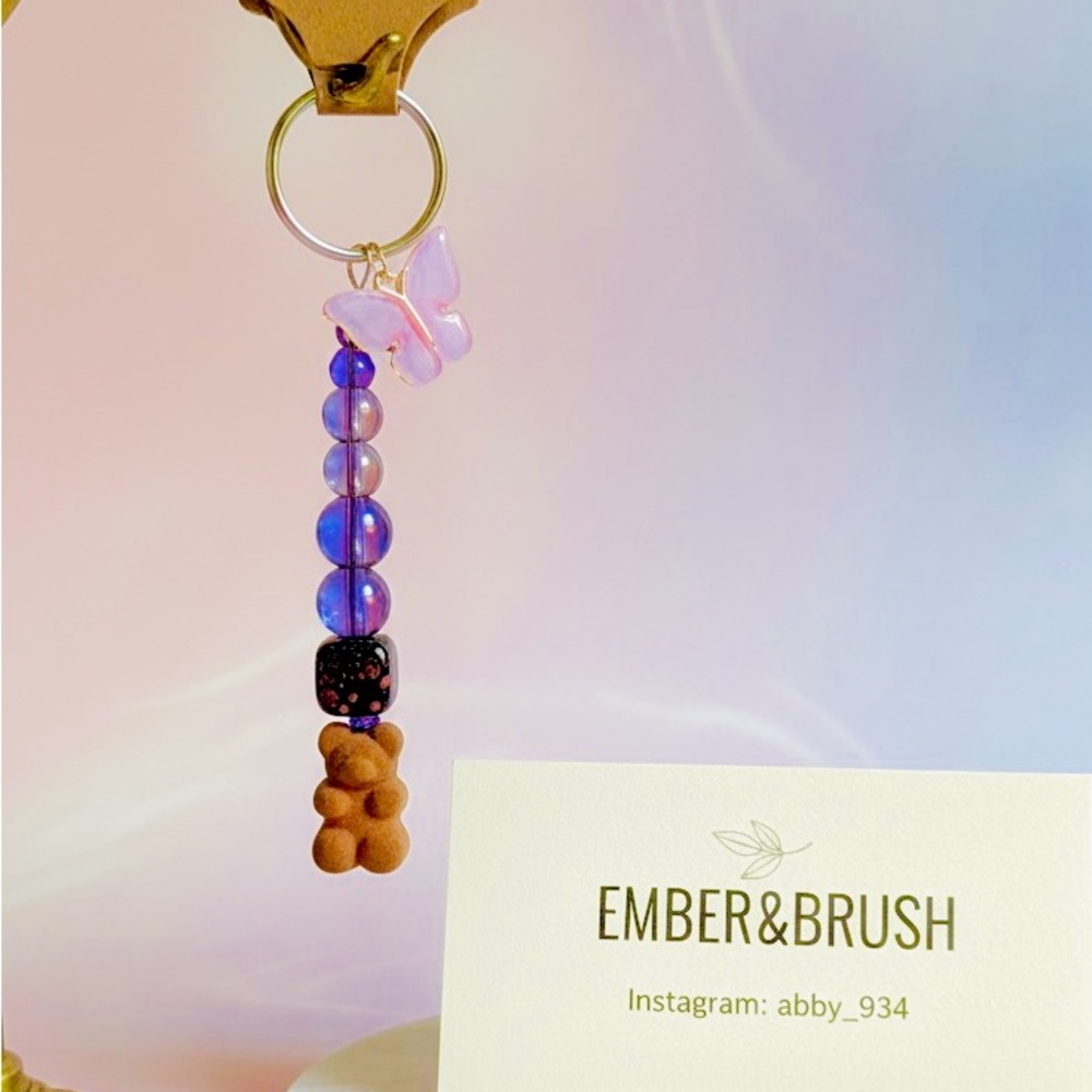 Purple and Tan Beaded Keychain with Butterfly and Bear Charms